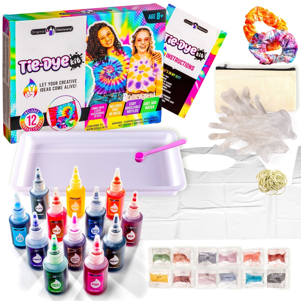 Original Stationery Tie Dye Kit - 12 Color Powder, Tray & Gloves for Kids Ages 8-12 - DIY Craft & Art Set with Funnel & Bands - Includes Powder Refills & Tie Dye Supplies for Shirts